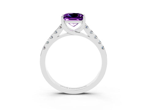 White gold {shape_name} Amethyst Solitaire Ring with Pavé Band and Four-Prong Setting_3