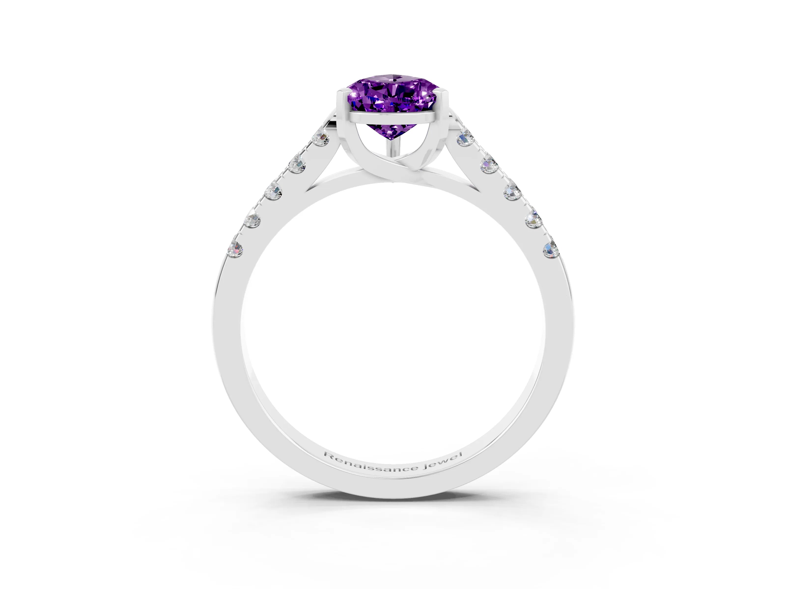 White gold {shape_name} Amethyst Solitaire Ring with Pavé Band and Four-Prong Setting_3