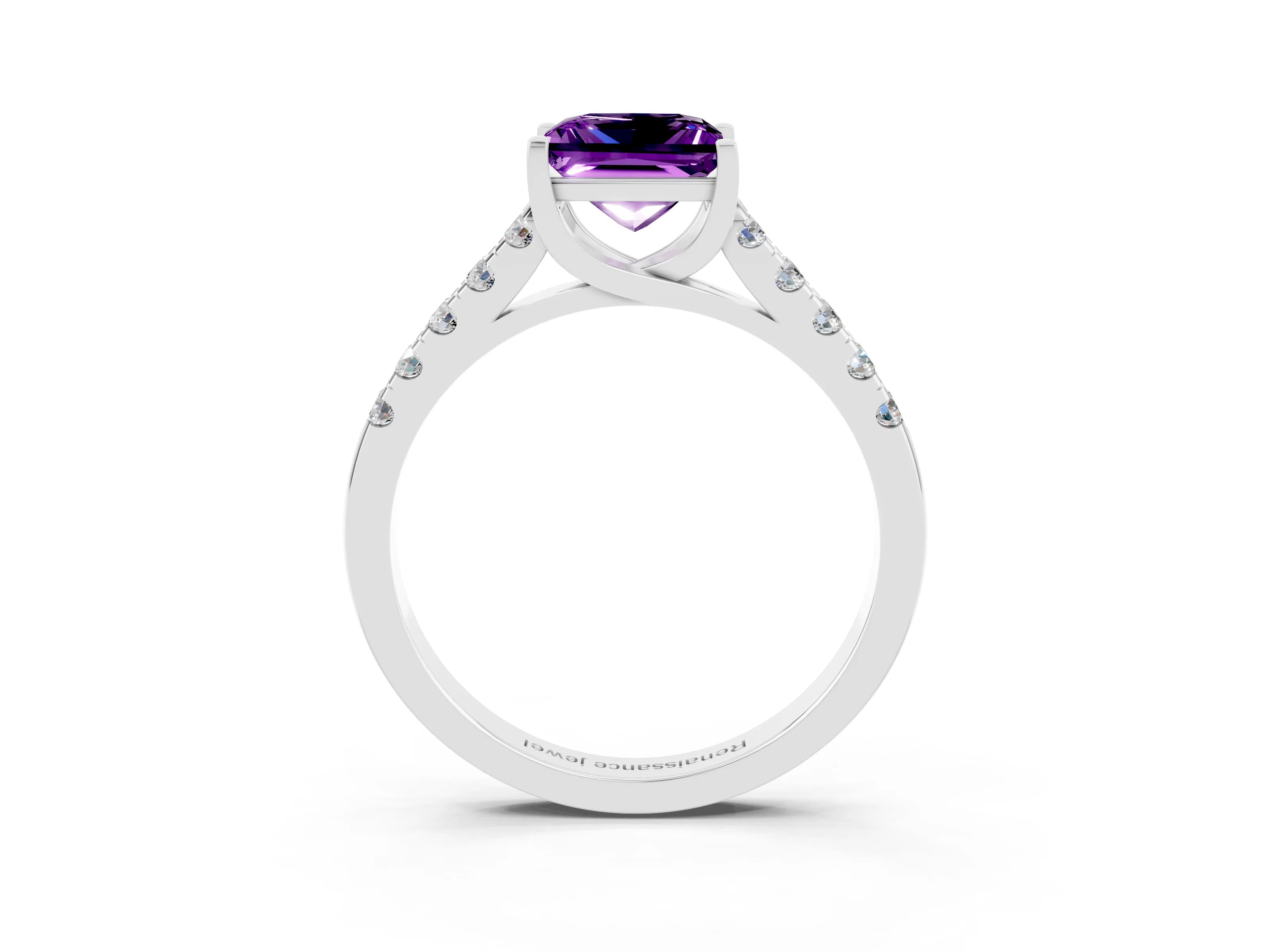 White gold {shape_name} Amethyst Solitaire Ring with Pavé Band and Four-Prong Setting_3