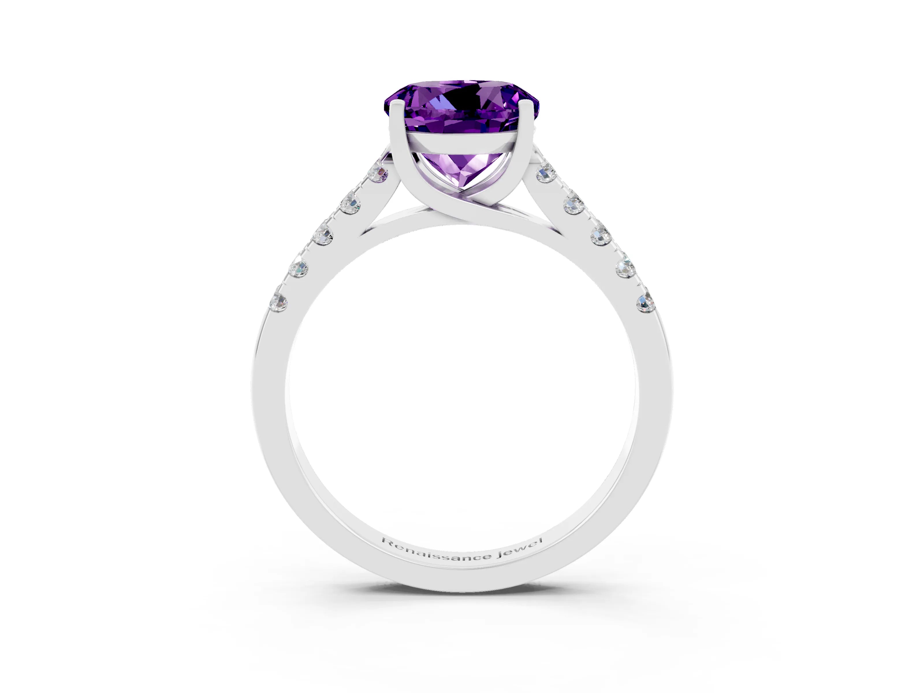White gold {shape_name} Amethyst Solitaire Ring with Pavé Band and Four-Prong Setting_3