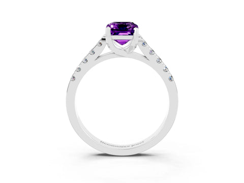 White gold {shape_name} Amethyst Solitaire Ring with Pavé Band and Four-Prong Setting_3