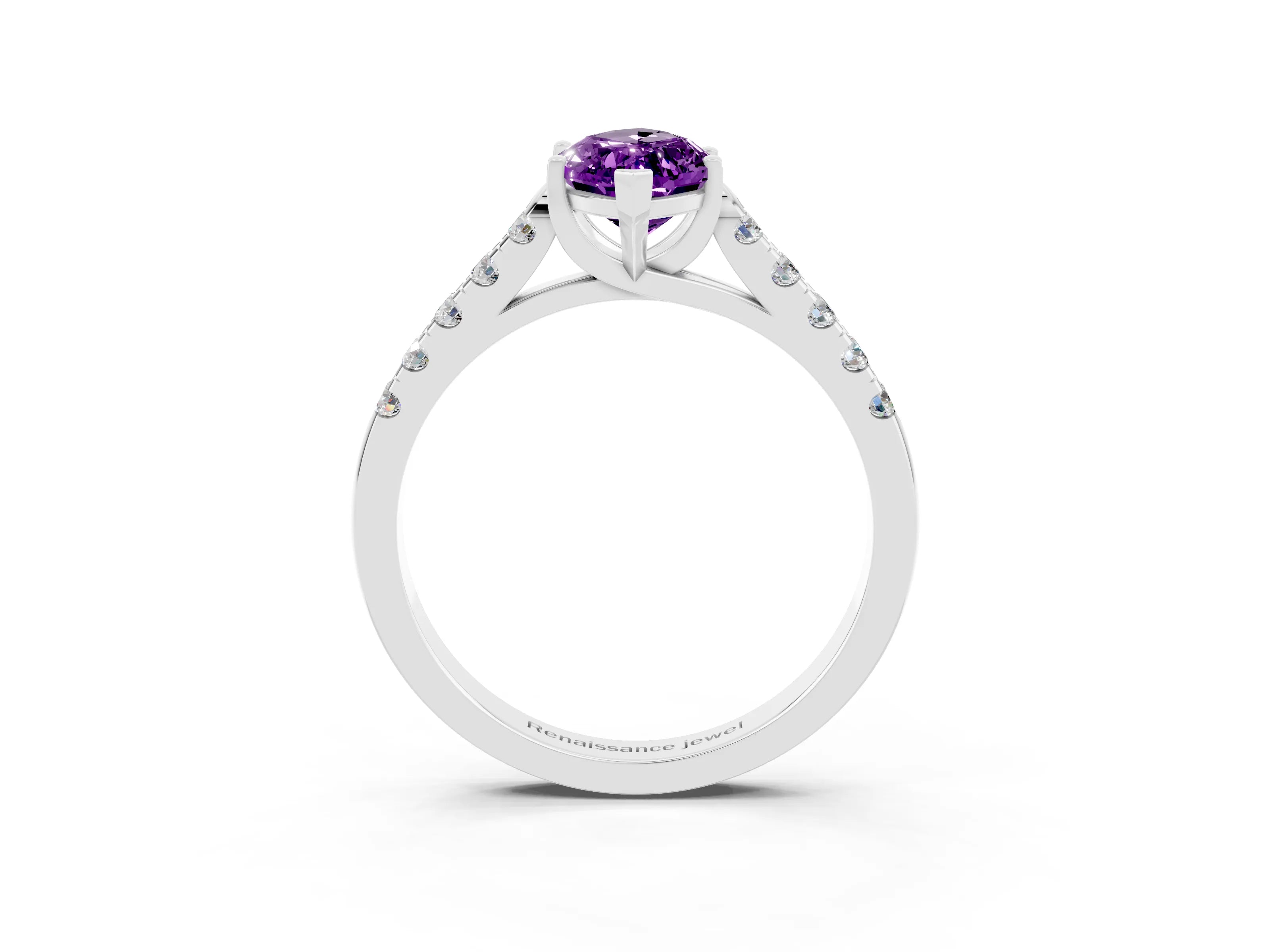 White gold {shape_name} Amethyst Solitaire Ring with Pavé Band and Four-Prong Setting_3