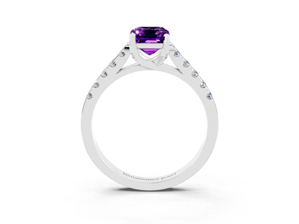 Silver Emerald Cut Amethyst Pavé Band Solitaire Ring with Prong Setting