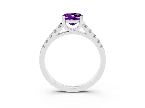 White gold {shape_name} Amethyst Solitaire Ring with Pavé Band and Four-Prong Setting_3