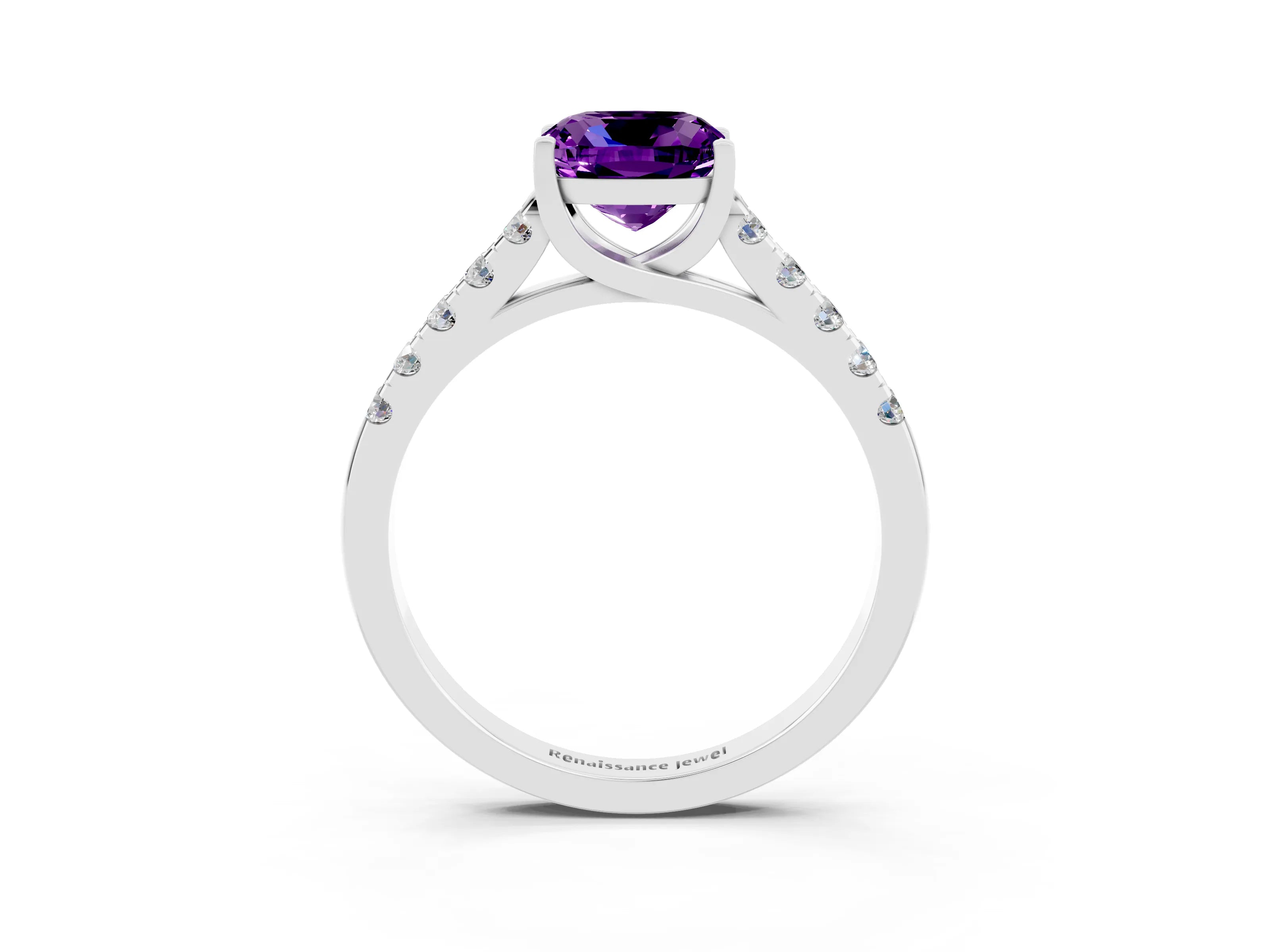 White gold {shape_name} Amethyst Solitaire Ring with Pavé Band and Four-Prong Setting_3
