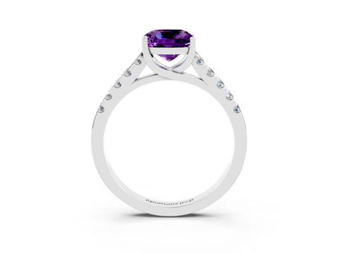 White gold {shape_name} Amethyst Solitaire Ring with Pavé Band and Four-Prong Setting_3