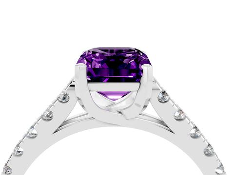 White gold {shape_name} Amethyst Solitaire Ring with Pavé Band and Four-Prong Setting_4