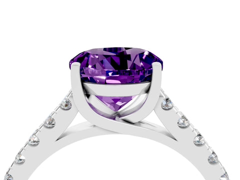 White gold {shape_name} Amethyst Solitaire Ring with Pavé Band and Four-Prong Setting_4