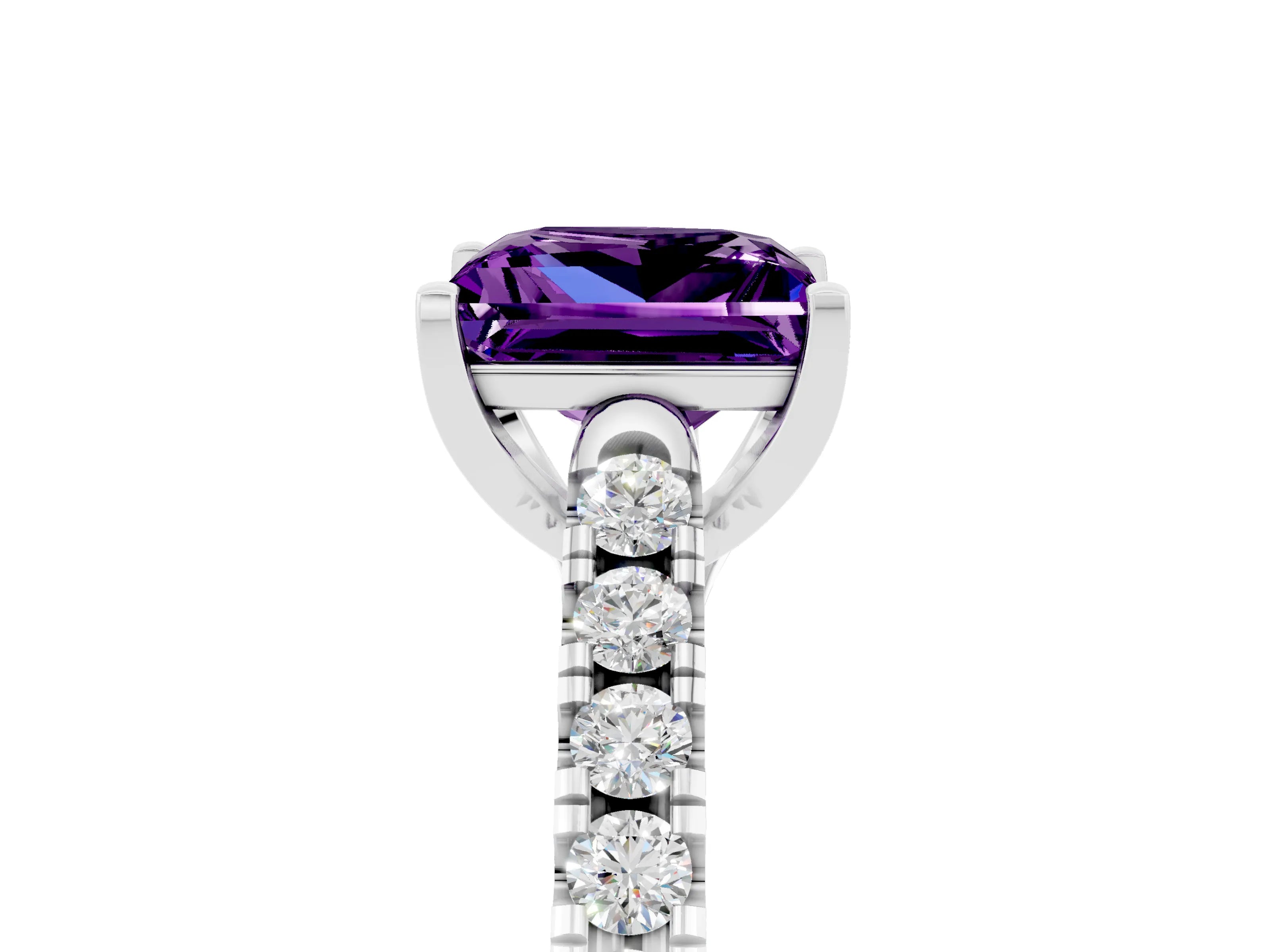 White gold {shape_name} Amethyst Solitaire Ring with Pavé Band and Four-Prong Setting_5