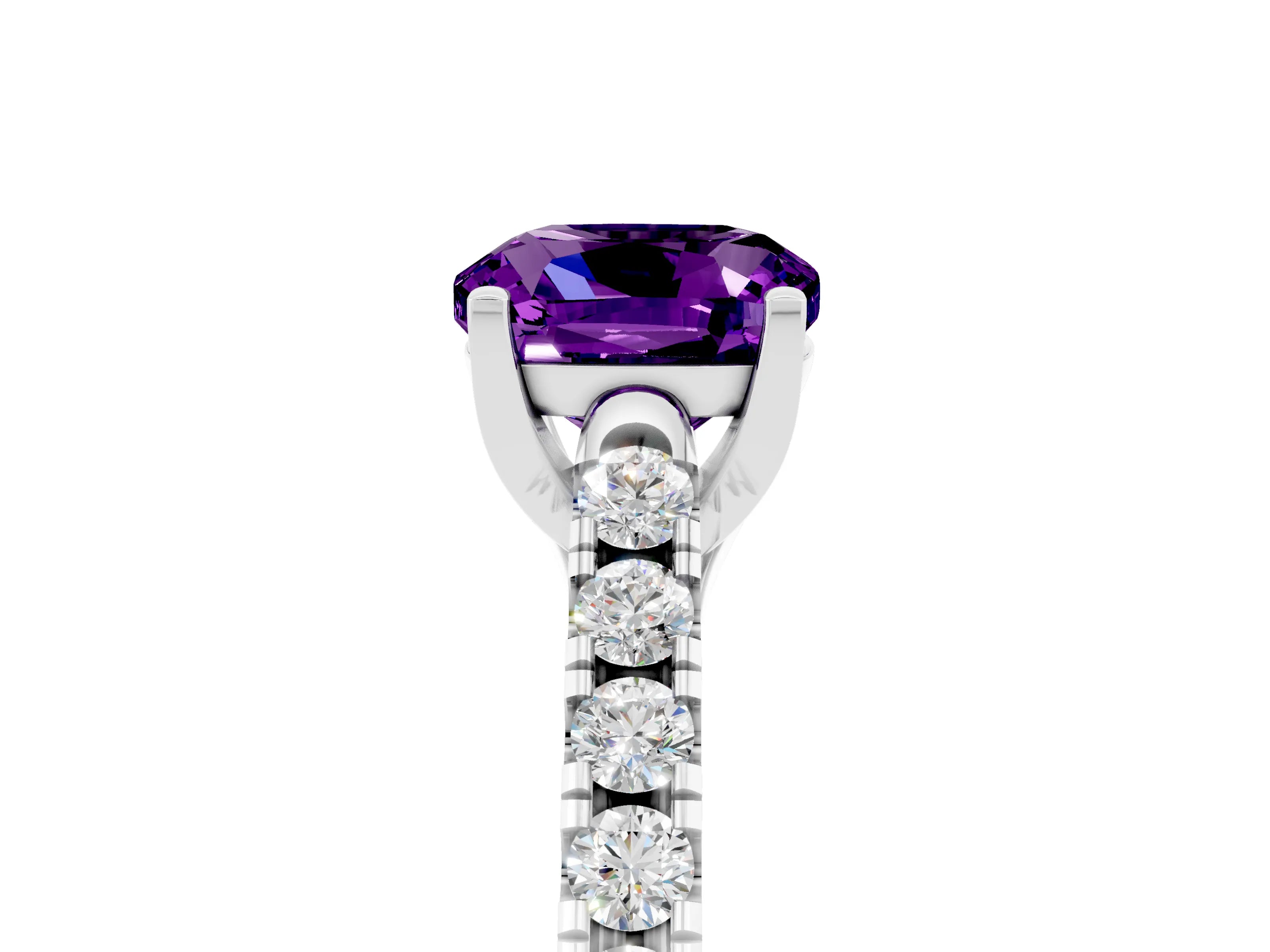 White gold {shape_name} Amethyst Solitaire Ring with Pavé Band and Four-Prong Setting_5
