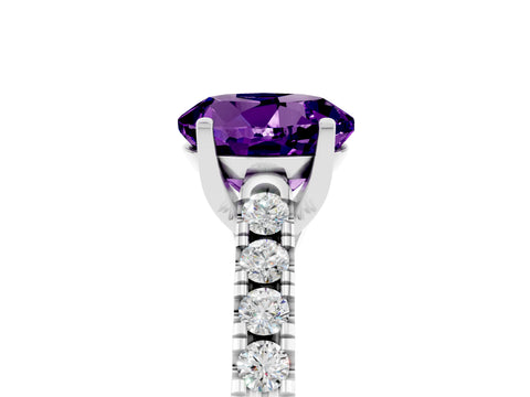 White gold {shape_name} Amethyst Solitaire Ring with Pavé Band and Four-Prong Setting_5