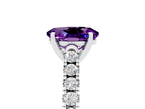 White gold {shape_name} Amethyst Solitaire Ring with Pavé Band and Four-Prong Setting_5