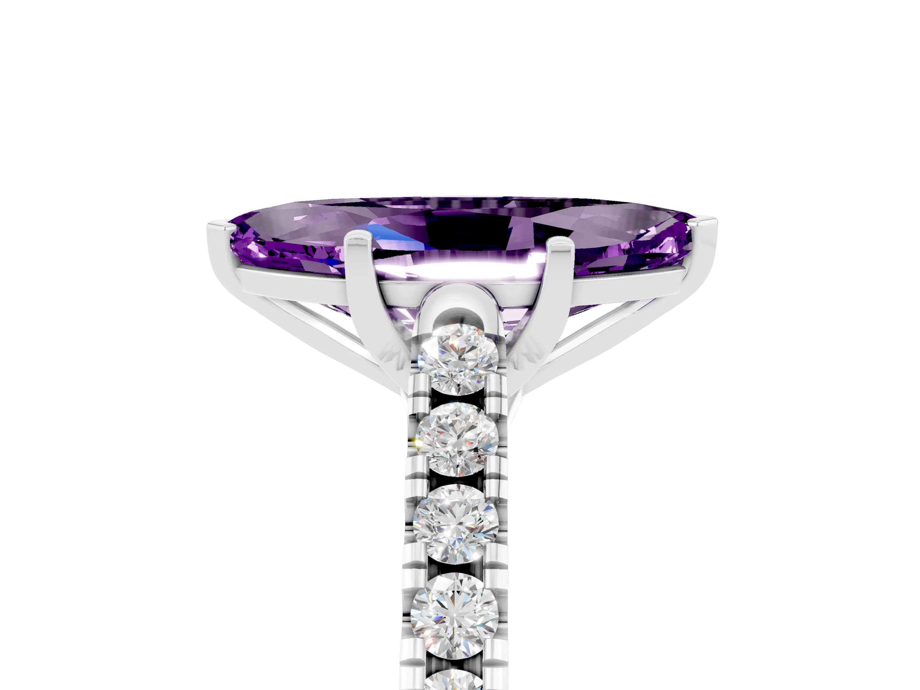 White gold {shape_name} Amethyst Solitaire Ring with Pavé Band and Four-Prong Setting_5