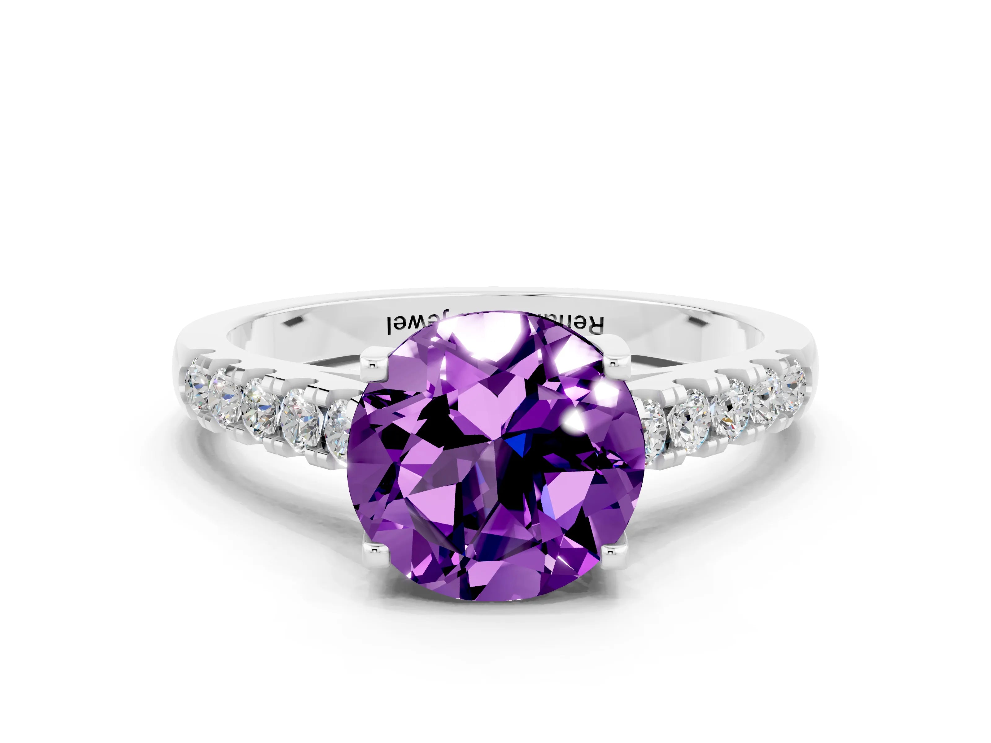 White gold {shape_name} Amethyst Solitaire Ring with Pavé Band and Four-Prong Setting