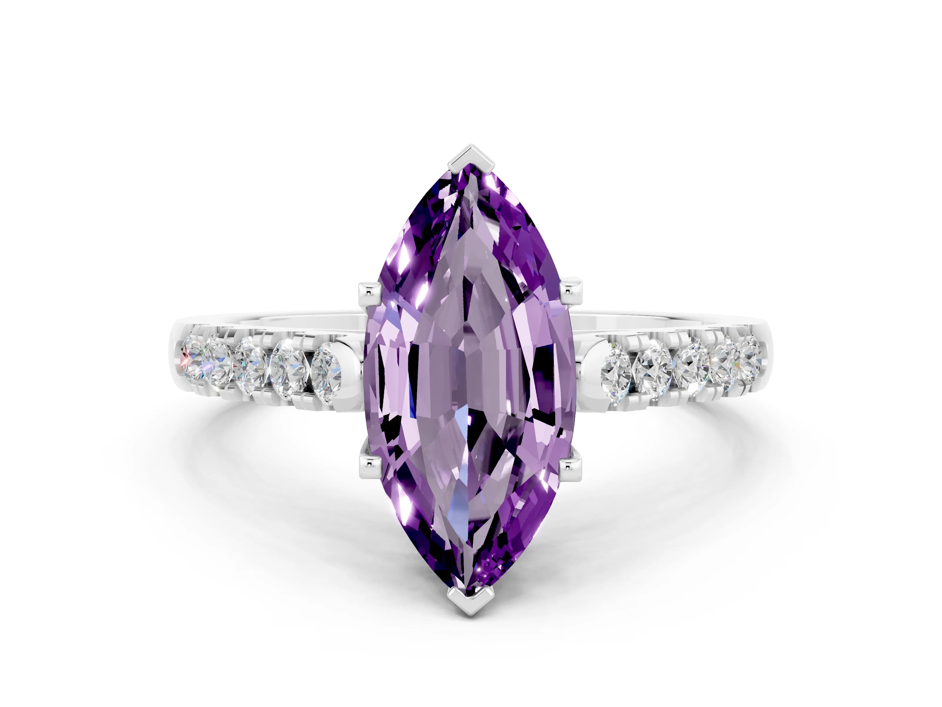White gold {shape_name} Amethyst Solitaire Ring with Pavé Band and Four-Prong Setting