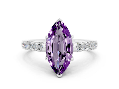 White gold {shape_name} Amethyst Solitaire Ring with Pavé Band and Four-Prong Setting