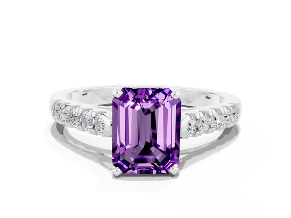 Silver Emerald Cut Amethyst Pavé Band Solitaire Ring with Prong Setting