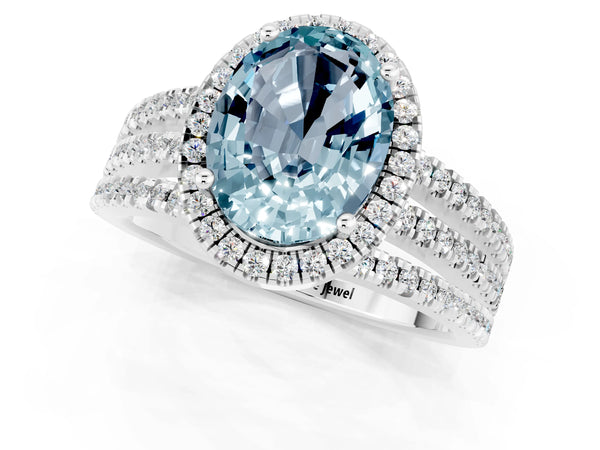 Platinum Oval Cut Aquamarine Halo Engagement Ring with Split Shank and Four-Prong Setting