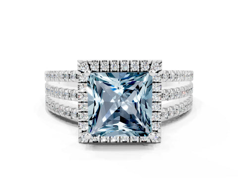 White gold {shape_name} Aquamarine Halo Engagement Ring with Split Shank and Four-Prong Setting