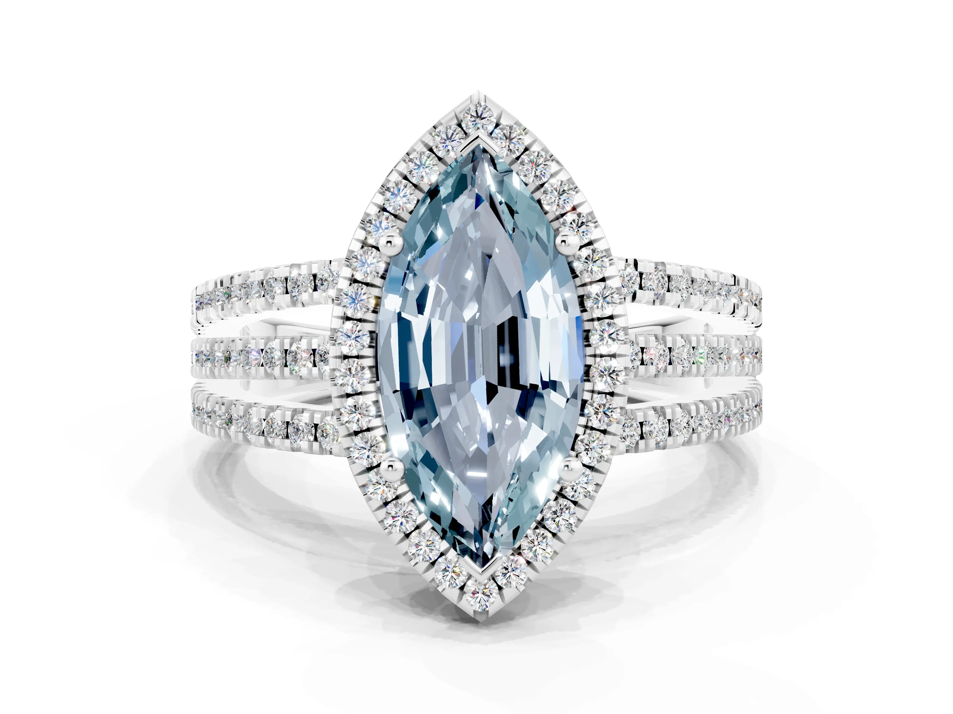 White gold {shape_name} Aquamarine Halo Engagement Ring with Split Shank and Four-Prong Setting_12