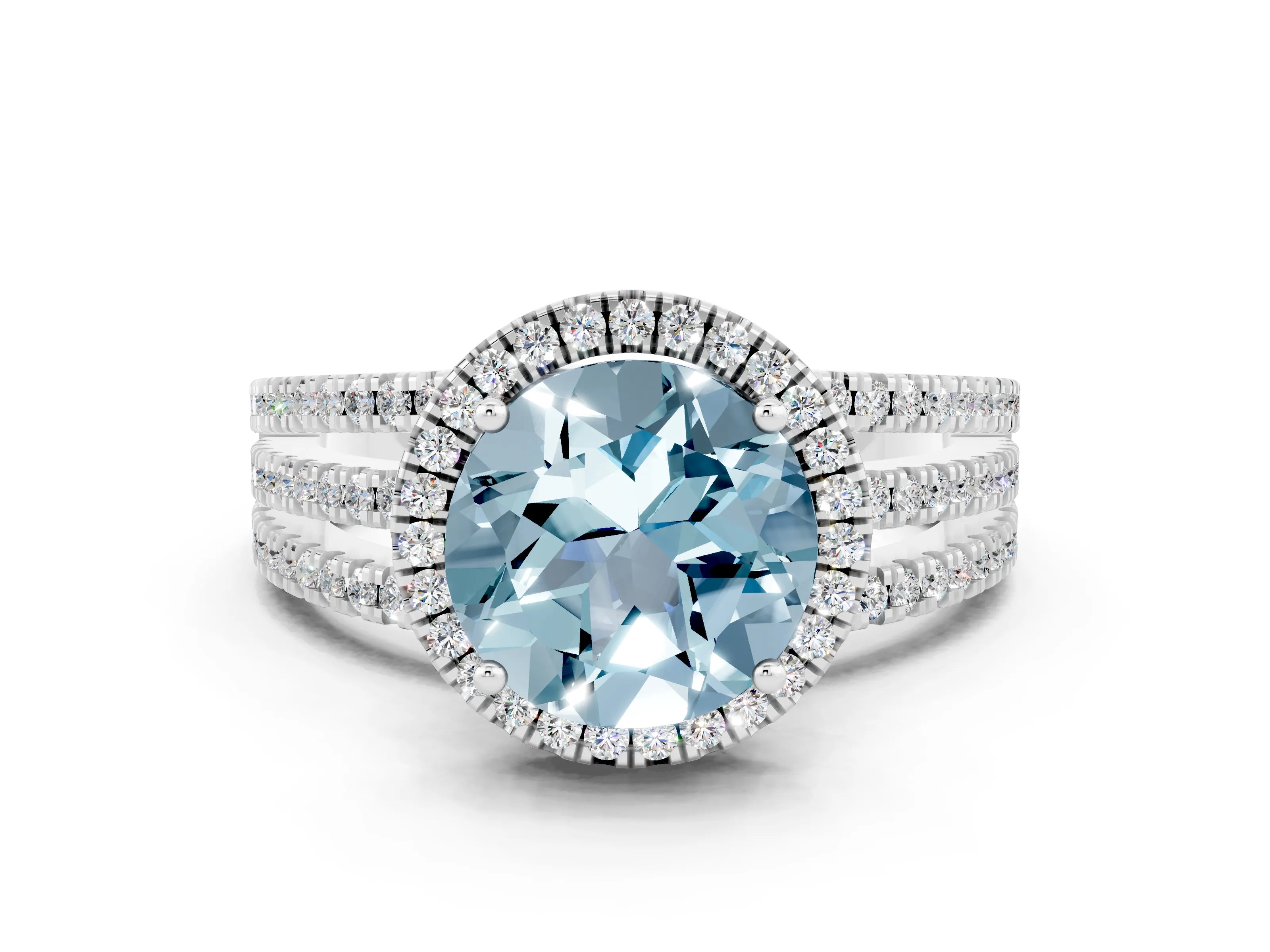 White gold {shape_name} Aquamarine Halo Engagement Ring with Split Shank and Four-Prong Setting_12