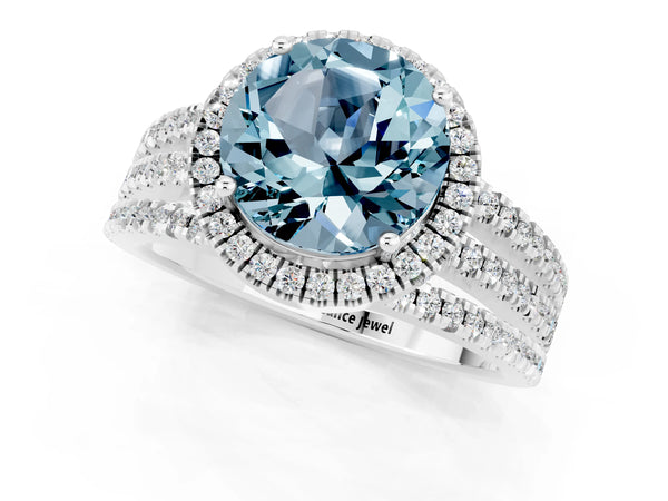 White gold Round Cut Aquamarine Halo Engagement Ring with Split Shank and Four-Prong Setting
