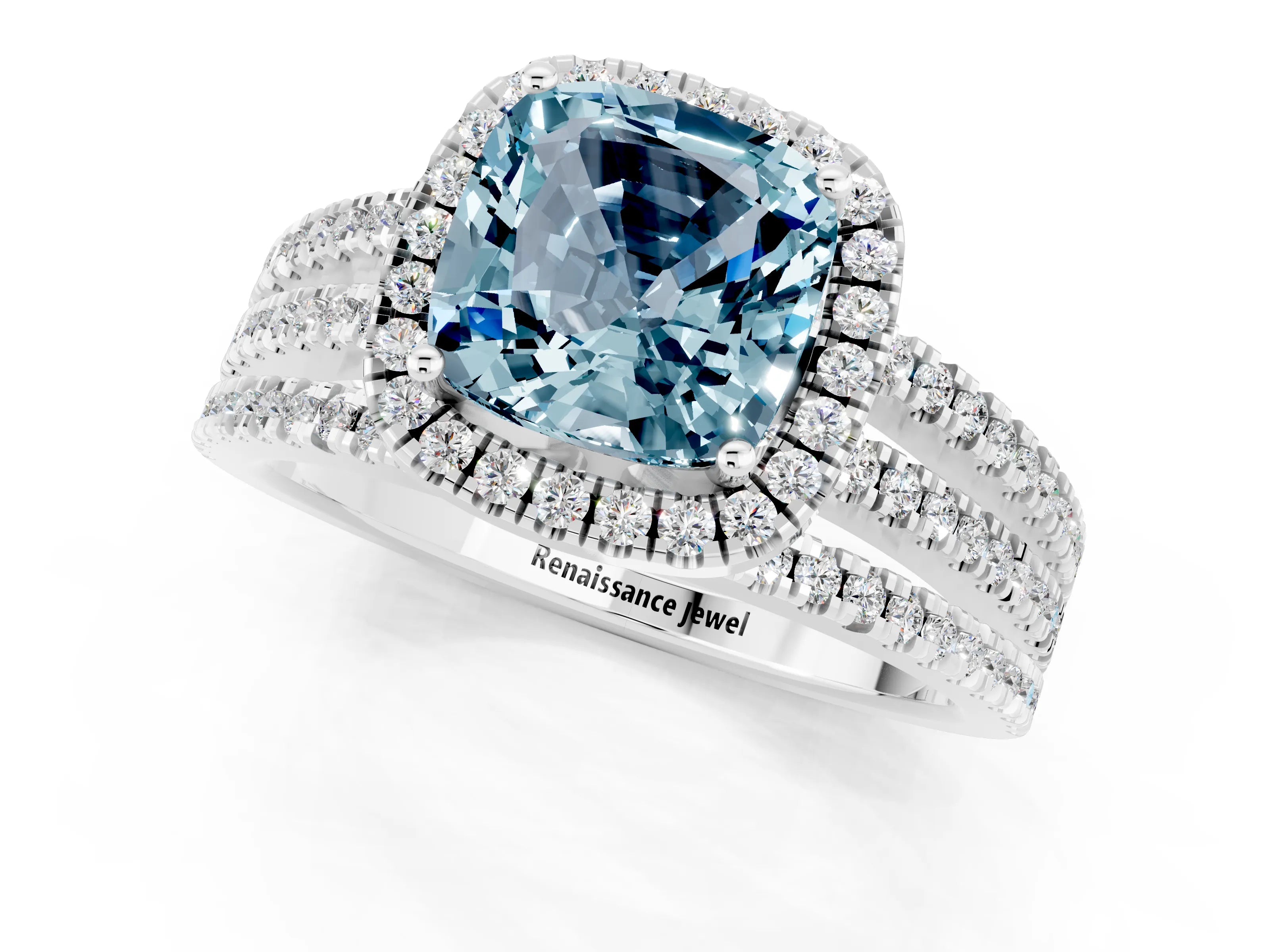 White gold {shape_name} Aquamarine Halo Engagement Ring with Split Shank and Four-Prong Setting_13