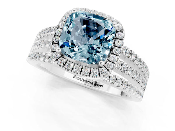 White gold Cushion Cut Aquamarine Halo Engagement Ring with Split Shank and Four-Prong Setting