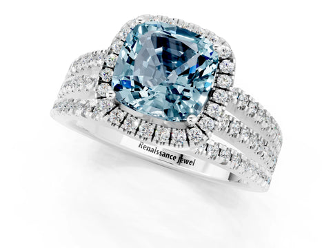 White gold {shape_name} Aquamarine Halo Engagement Ring with Split Shank and Four-Prong Setting_13