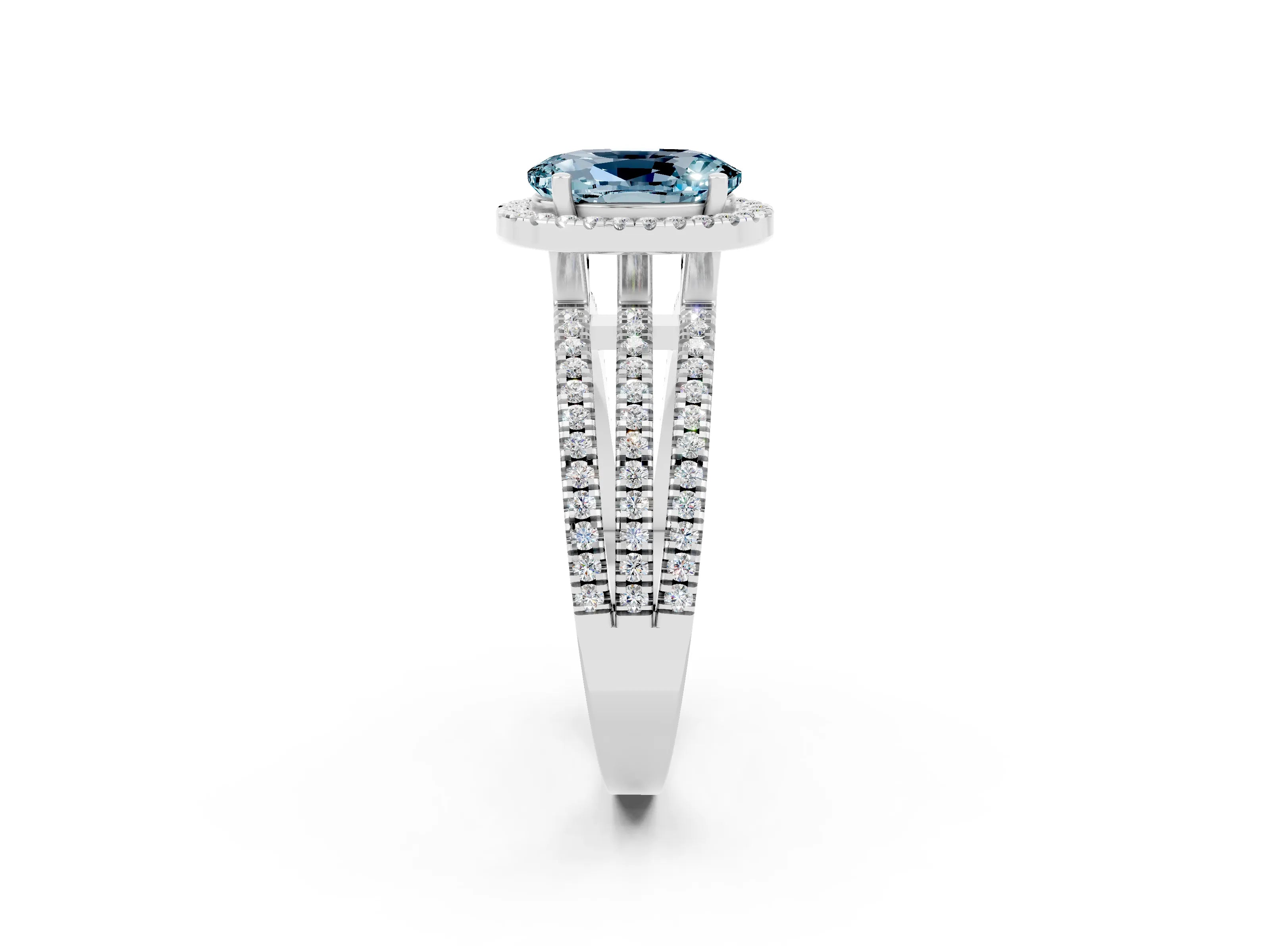 White gold {shape_name} Aquamarine Halo Engagement Ring with Split Shank and Four-Prong Setting_14