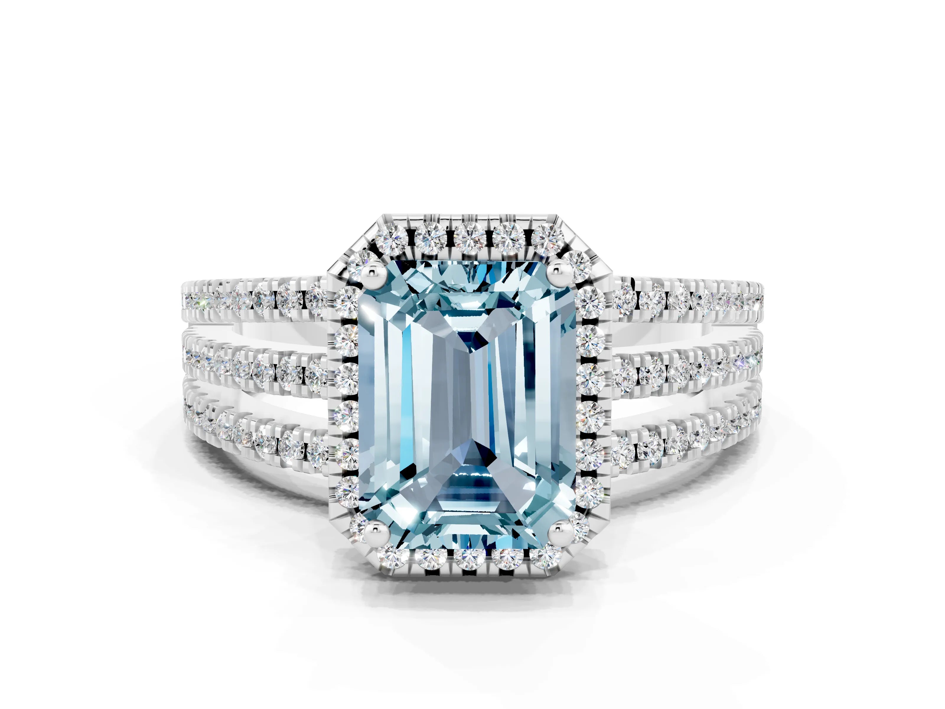 White gold {shape_name} Aquamarine Halo Engagement Ring with Split Shank and Four-Prong Setting