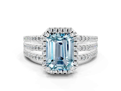 White gold {shape_name} Aquamarine Halo Engagement Ring with Split Shank and Four-Prong Setting