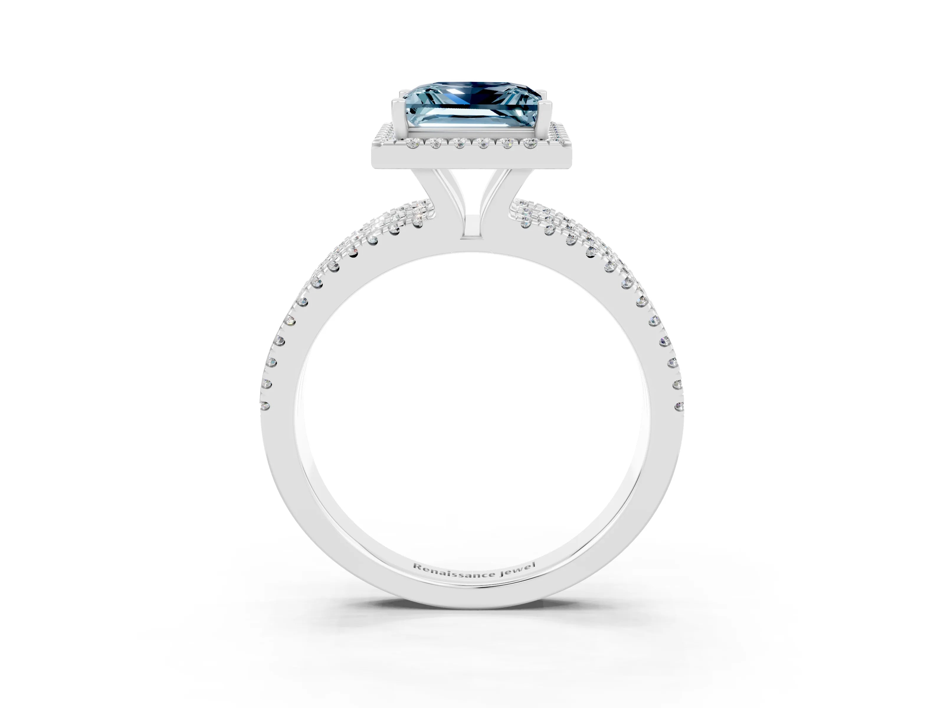 White gold {shape_name} Aquamarine Halo Engagement Ring with Split Shank and Four-Prong Setting_15