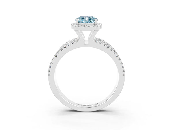 White gold Pear Cut Aquamarine Halo Engagement Ring with Split Shank and Four-Prong Setting