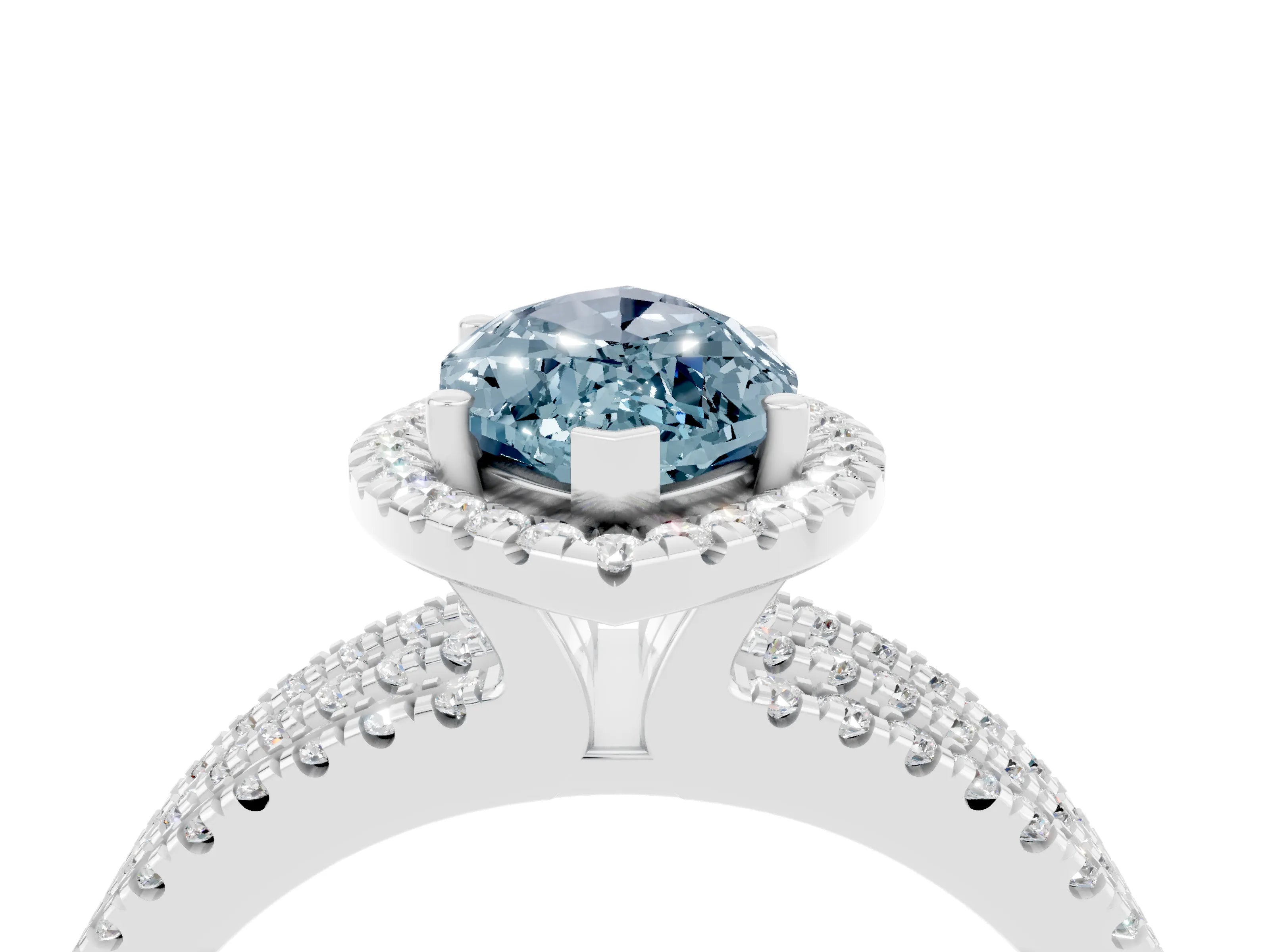White gold {shape_name} Aquamarine Halo Engagement Ring with Split Shank and Four-Prong Setting_16