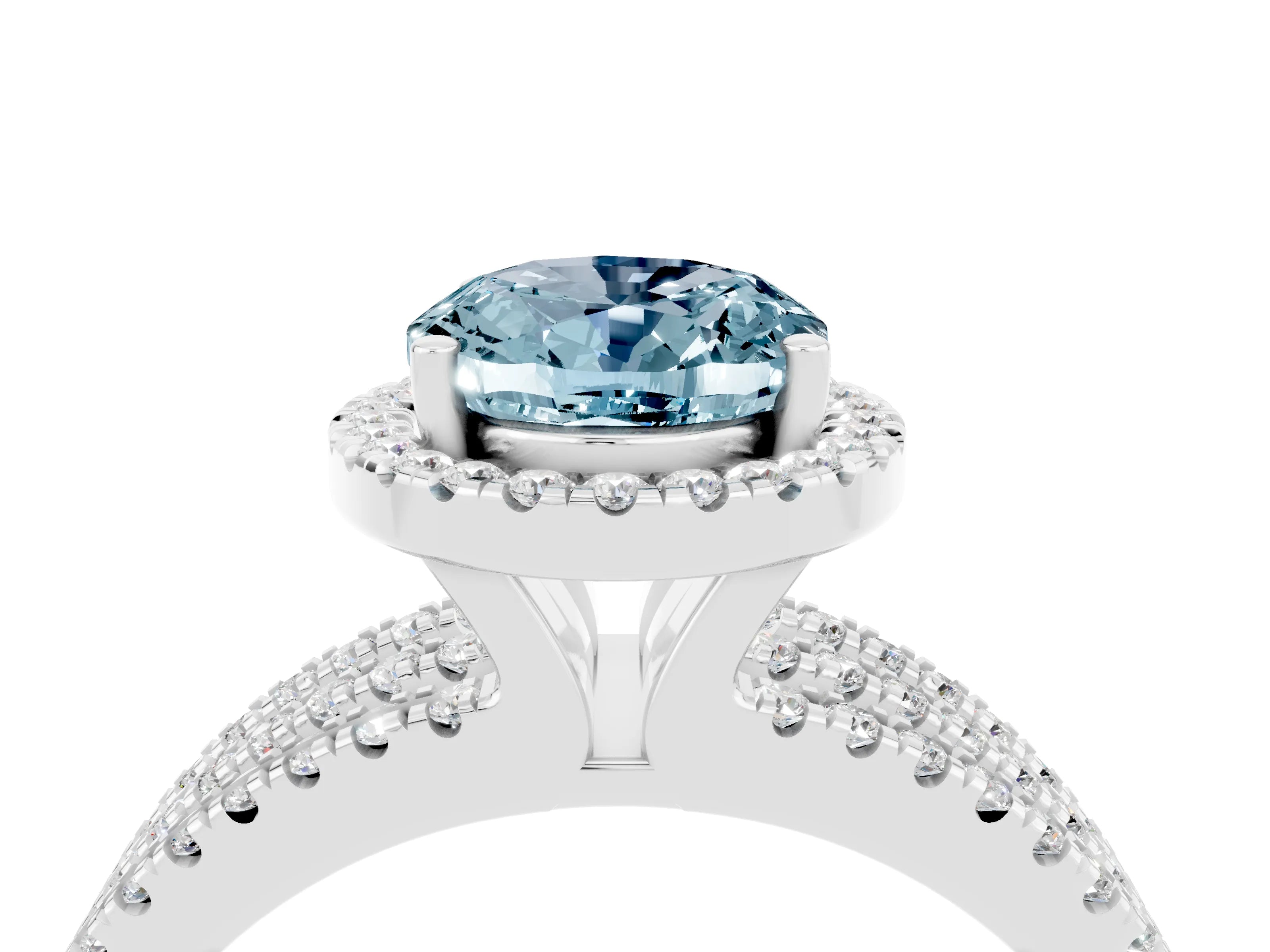 White gold {shape_name} Aquamarine Halo Engagement Ring with Split Shank and Four-Prong Setting_16