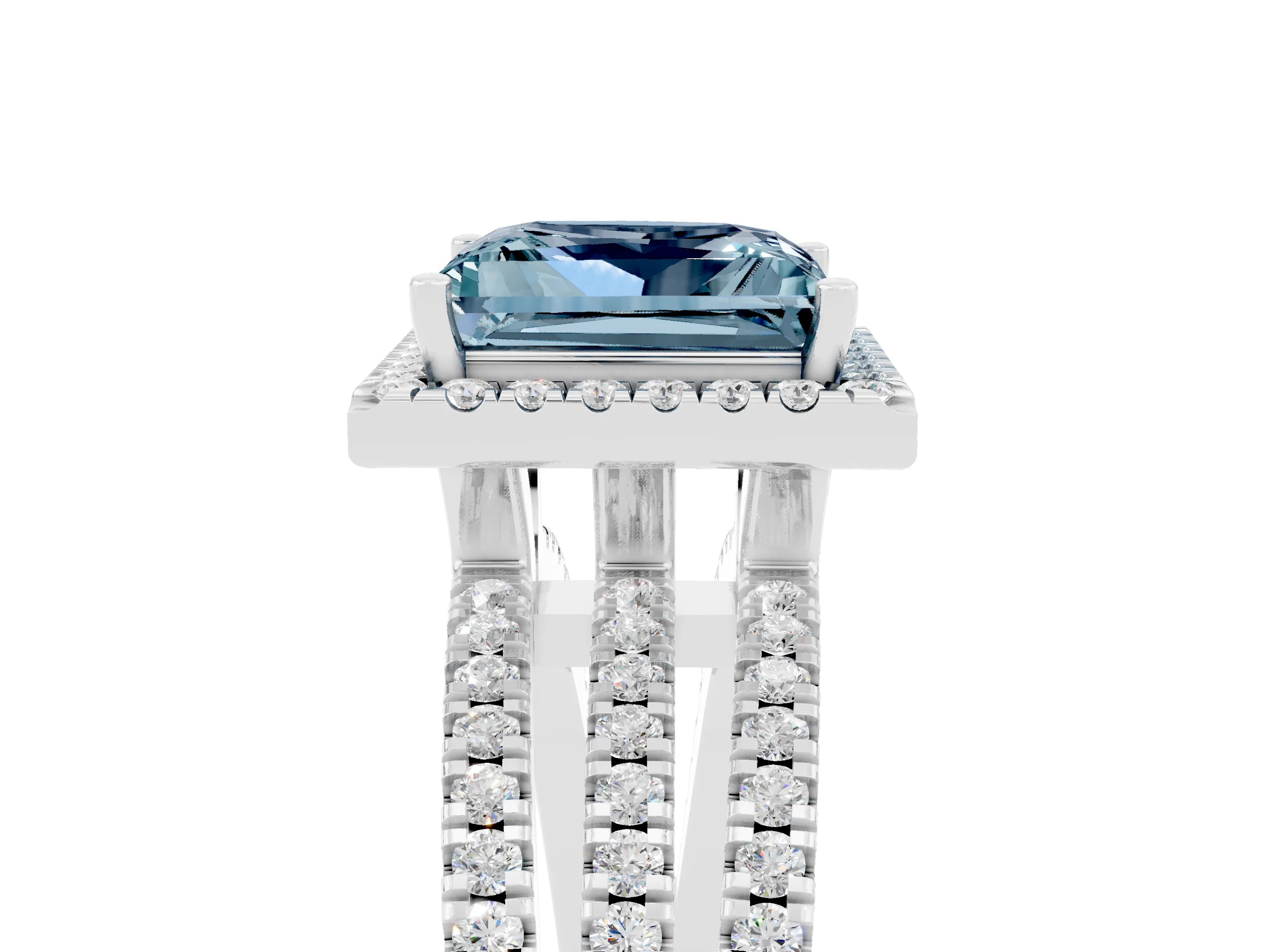 White gold {shape_name} Aquamarine Halo Engagement Ring with Split Shank and Four-Prong Setting_17