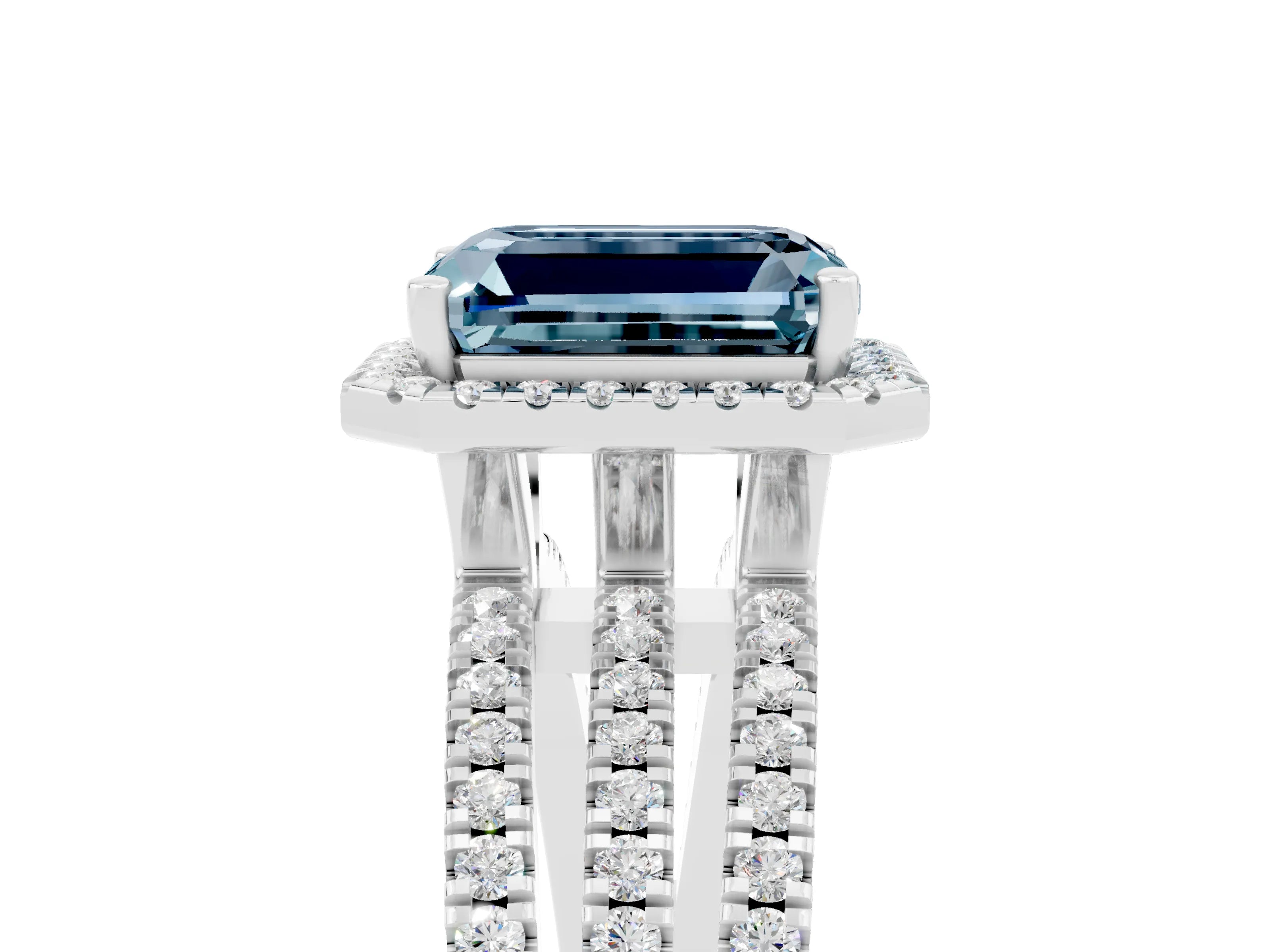 White gold {shape_name} Aquamarine Halo Engagement Ring with Split Shank and Four-Prong Setting_17
