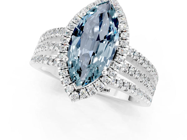 Platinum Marquise Cut Aquamarine Halo Engagement Ring with Split Shank and Four-Prong Setting