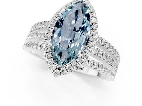 White gold {shape_name} Aquamarine Halo Engagement Ring with Split Shank and Four-Prong Setting_1