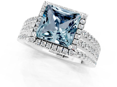 White gold {shape_name} Aquamarine Halo Engagement Ring with Split Shank and Four-Prong Setting_1