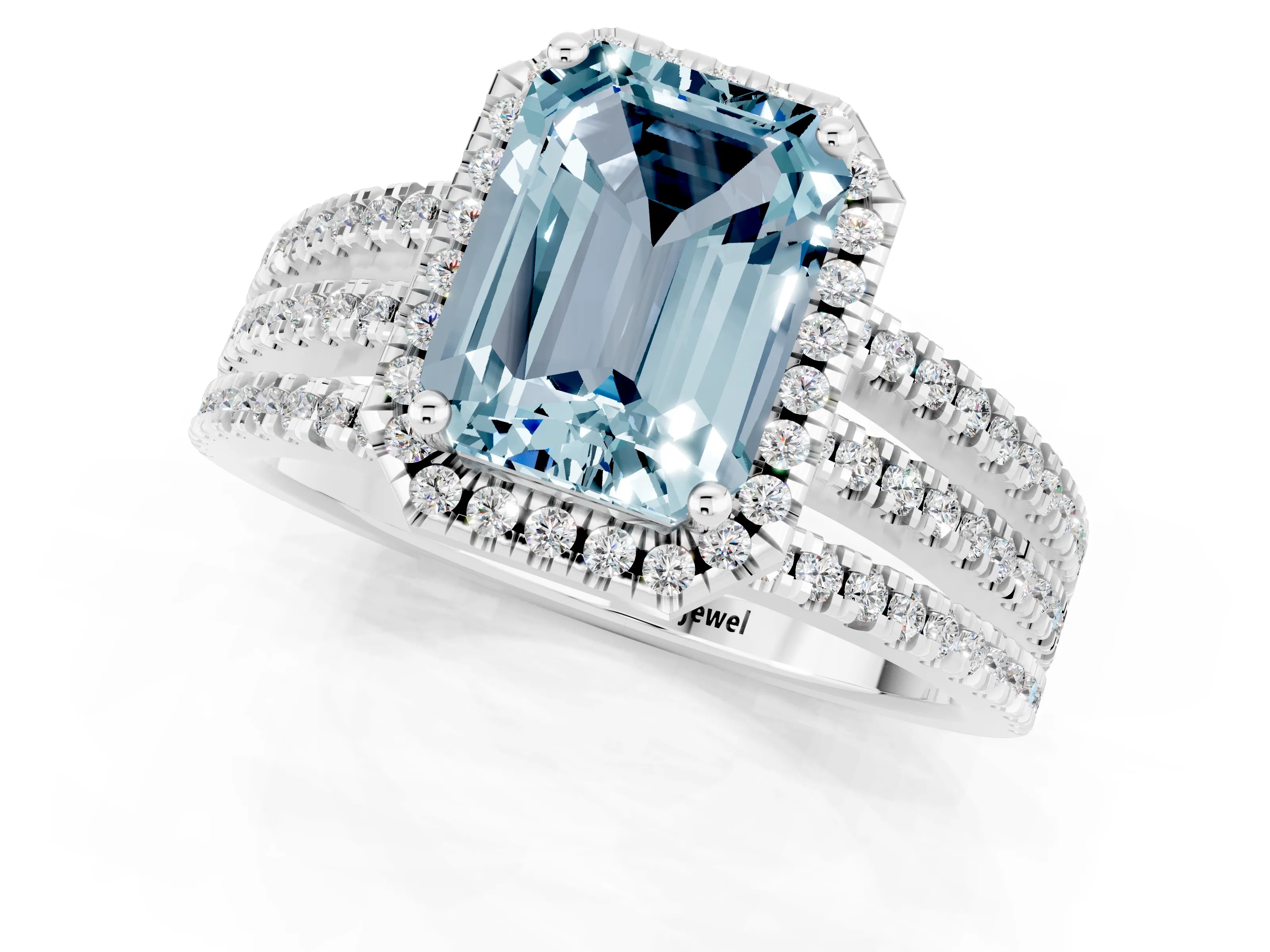 White gold {shape_name} Aquamarine Halo Engagement Ring with Split Shank and Four-Prong Setting_1