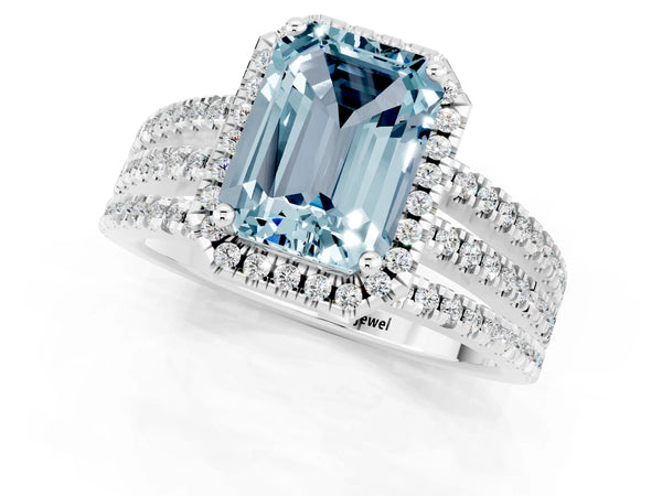 Platinum Emerald Cut Aquamarine Halo Engagement Ring with Split Shank and Four-Prong Setting