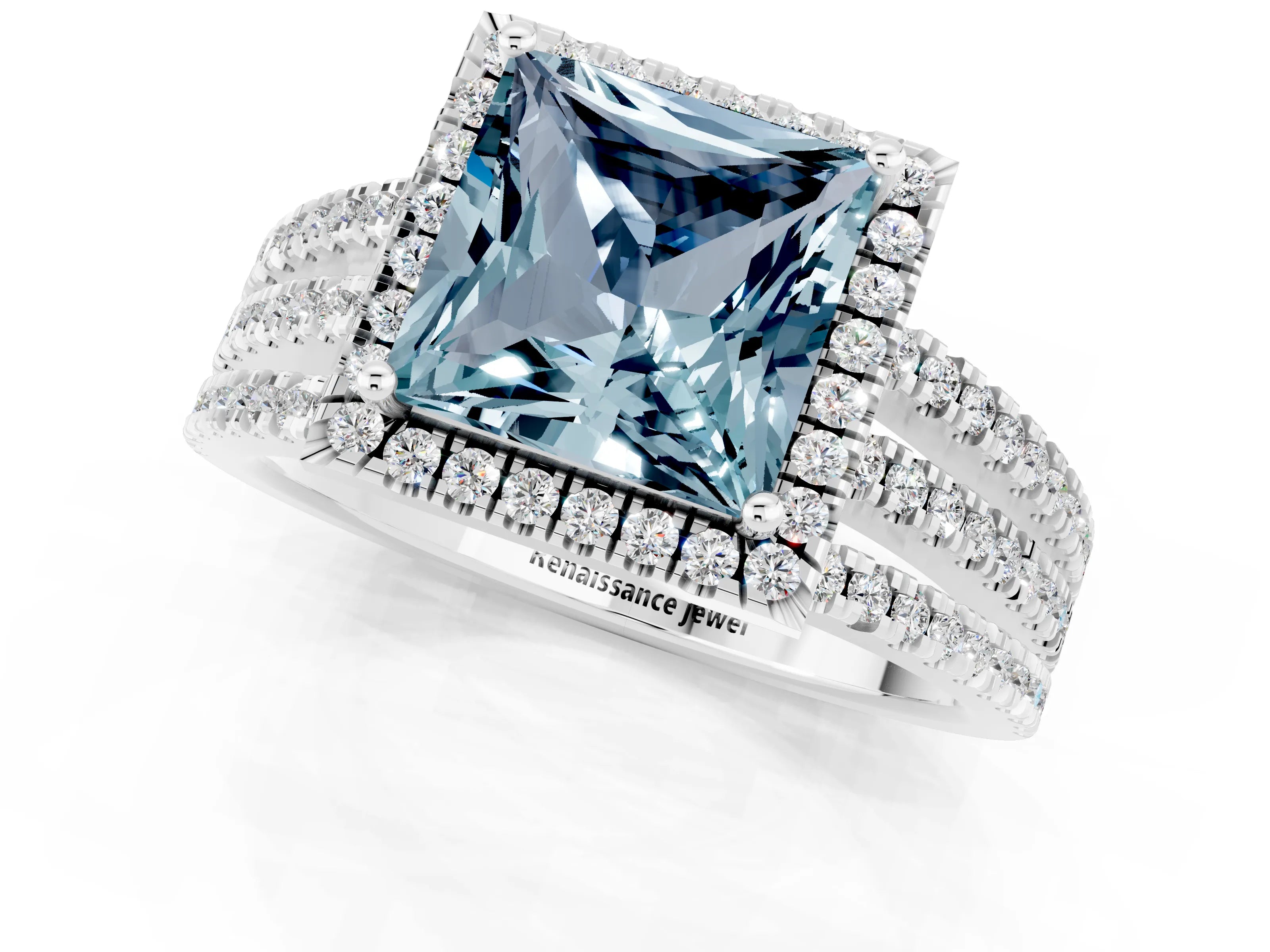 White gold {shape_name} Aquamarine Halo Engagement Ring with Split Shank and Four-Prong Setting_1