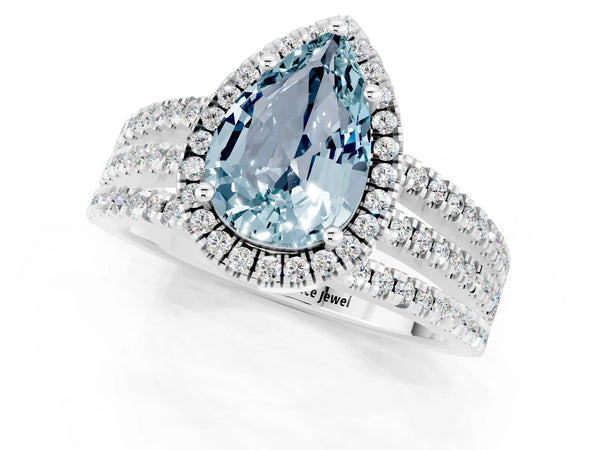 Silver Pear Cut Aquamarine Halo Engagement Ring with Split Shank and Four-Prong Setting