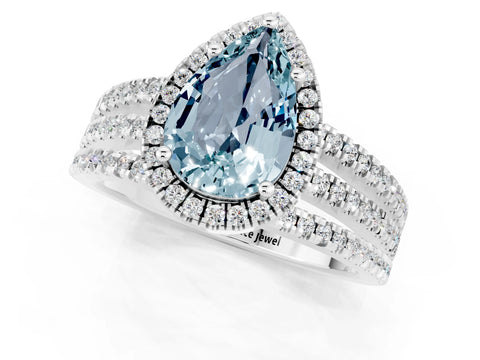 White gold {shape_name} Aquamarine Halo Engagement Ring with Split Shank and Four-Prong Setting_1