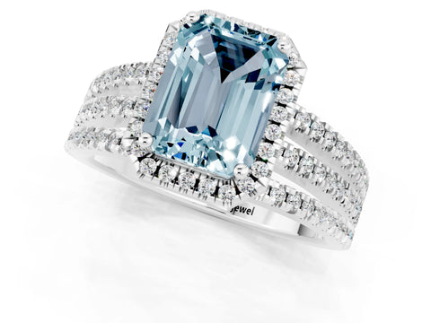 White gold {shape_name} Aquamarine Halo Engagement Ring with Split Shank and Four-Prong Setting_1