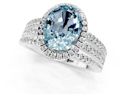 White gold {shape_name} Aquamarine Halo Engagement Ring with Split Shank and Four-Prong Setting_1