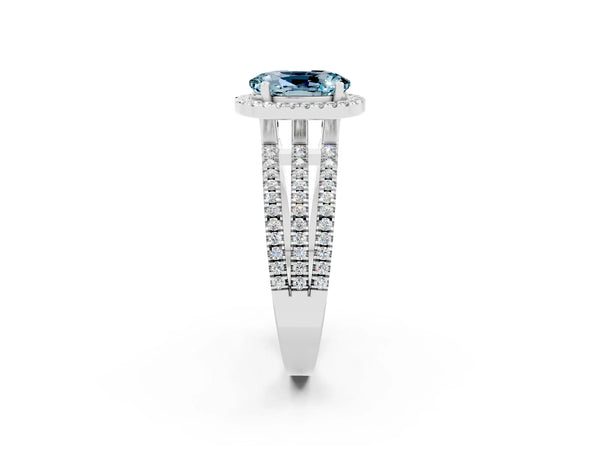 Platinum Oval Cut Aquamarine Halo Engagement Ring with Split Shank and Four-Prong Setting