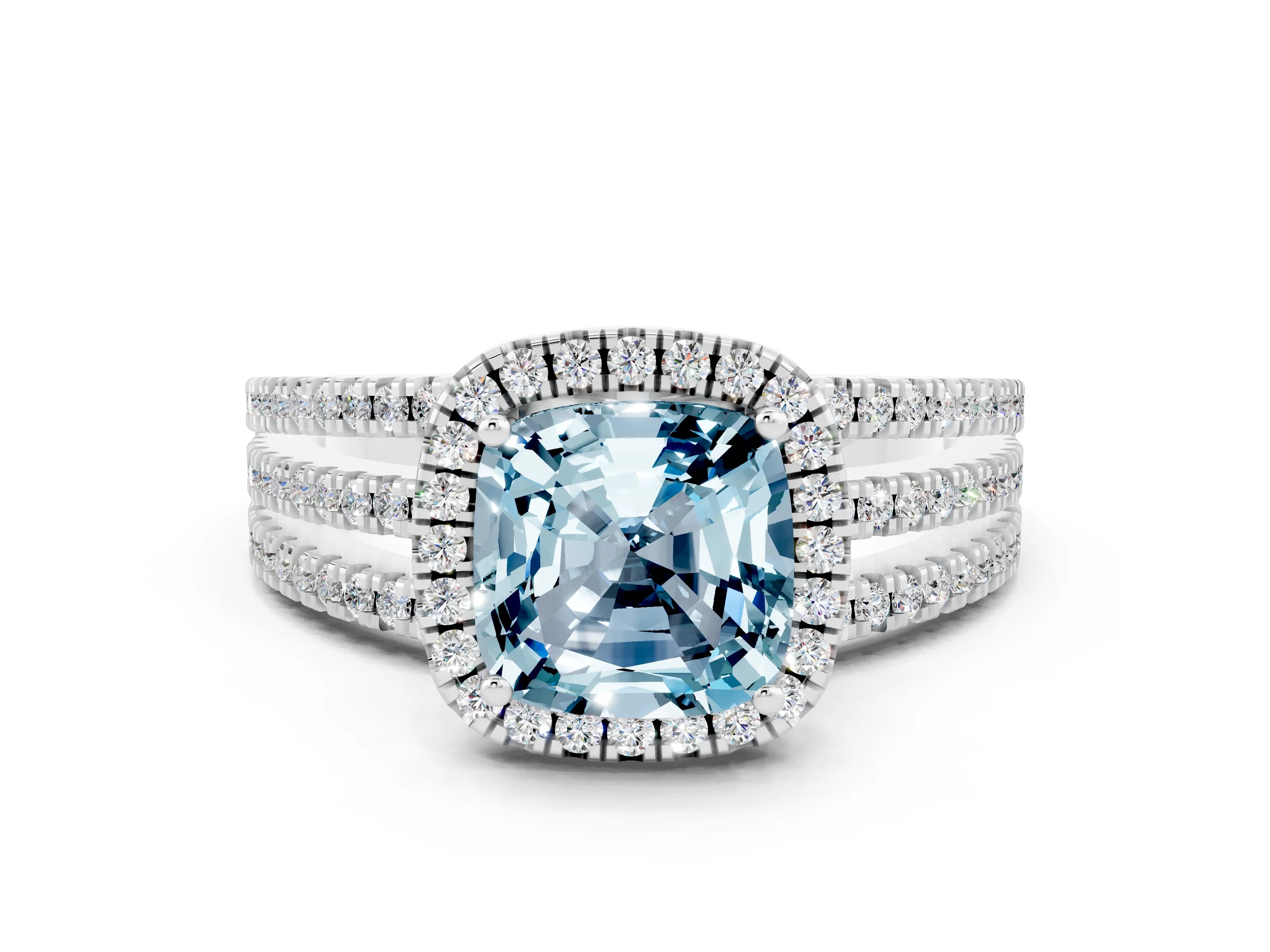 White gold {shape_name} Aquamarine Halo Engagement Ring with Split Shank and Four-Prong Setting